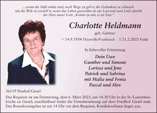 Traueranzeige von Charlotte Heldmann von FZ