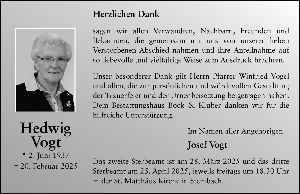  Traueranzeige für Hedwig Vogt vom 26.03.2025 aus FZ