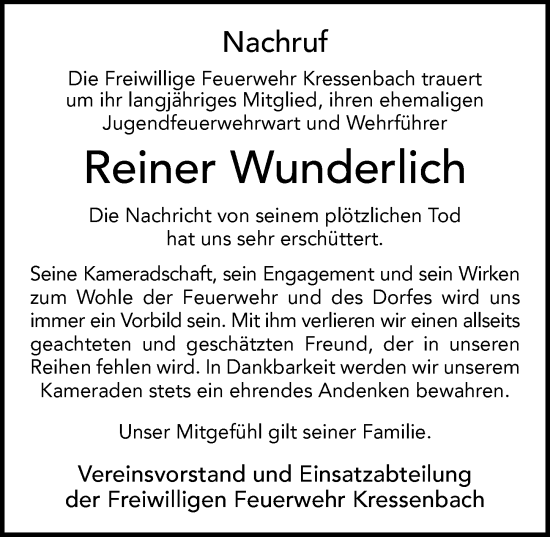 Traueranzeige von Reiner Wunderlich von FZ