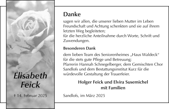 Traueranzeige von Elisabeth Feick von FZ