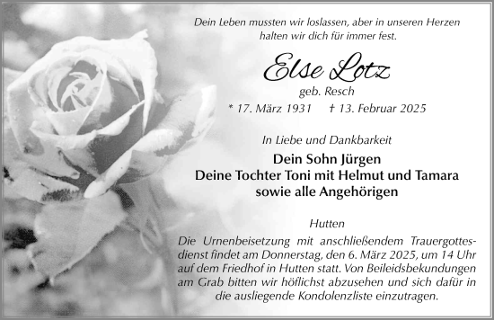 Traueranzeige von Else Lotz von FZ