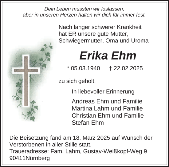 Traueranzeige von Erika Ehm von FZ
