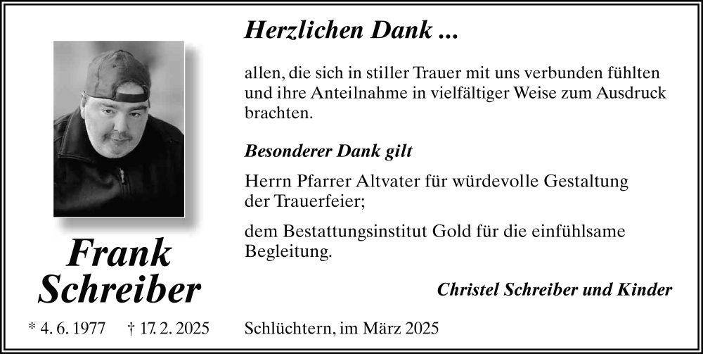  Traueranzeige für Frank Schreiber vom 29.03.2025 aus FZ