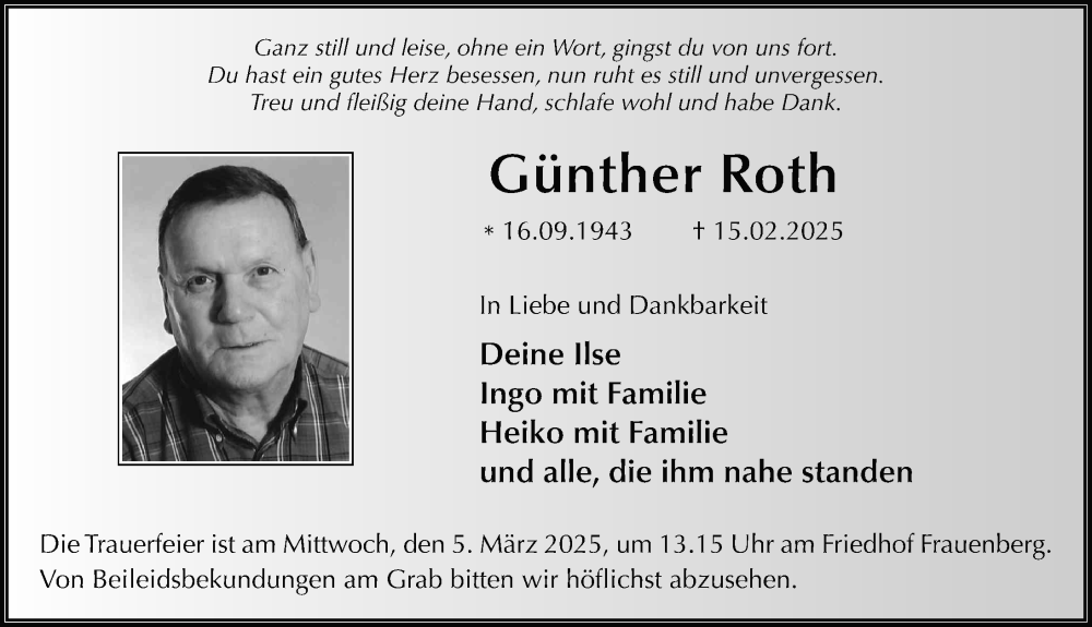  Traueranzeige für Günther Roth vom 01.03.2025 aus FZ