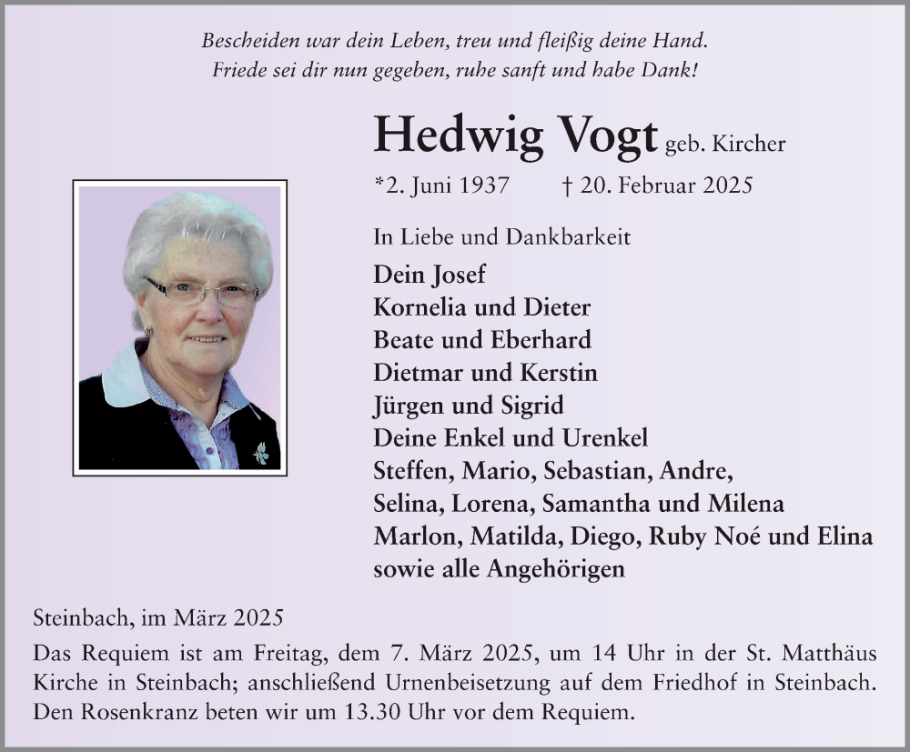  Traueranzeige für Hedwig Vogt vom 04.03.2025 aus FZ