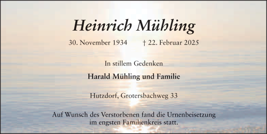 Traueranzeige von Heinrich Mühling von FZ