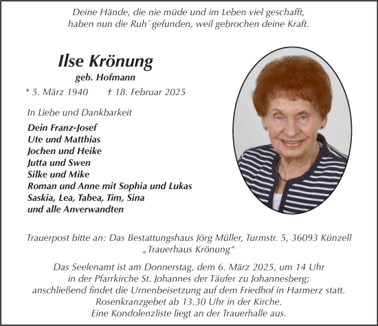 Traueranzeige von Ilse Krönung von FZ
