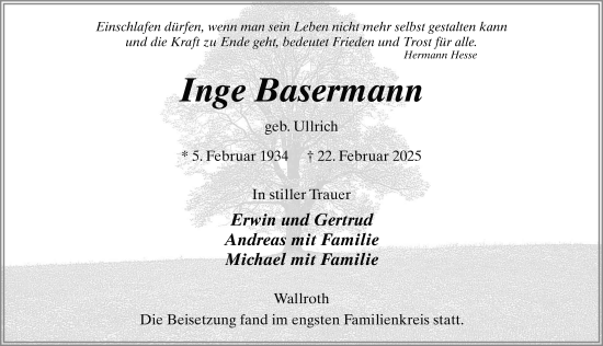 Traueranzeige von Inge Basermann von FZ