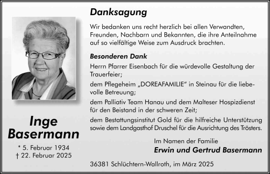 Traueranzeige von Inge Basermann von FZ