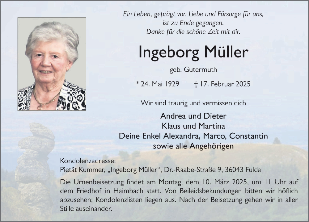  Traueranzeige für Ingeborg Müller vom 05.03.2025 aus FZ
