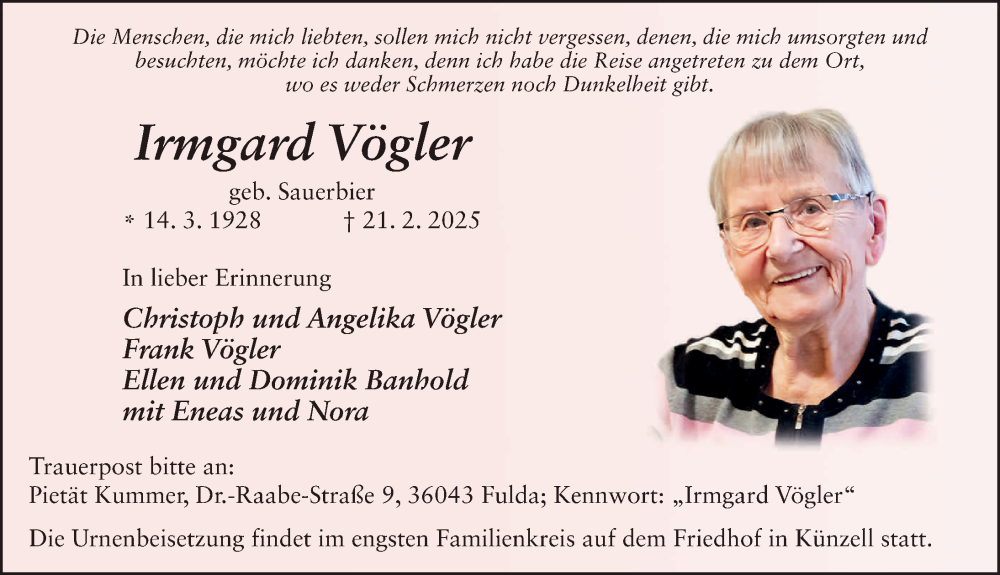  Traueranzeige für Irmgard Vögler vom 06.03.2025 aus FZ
