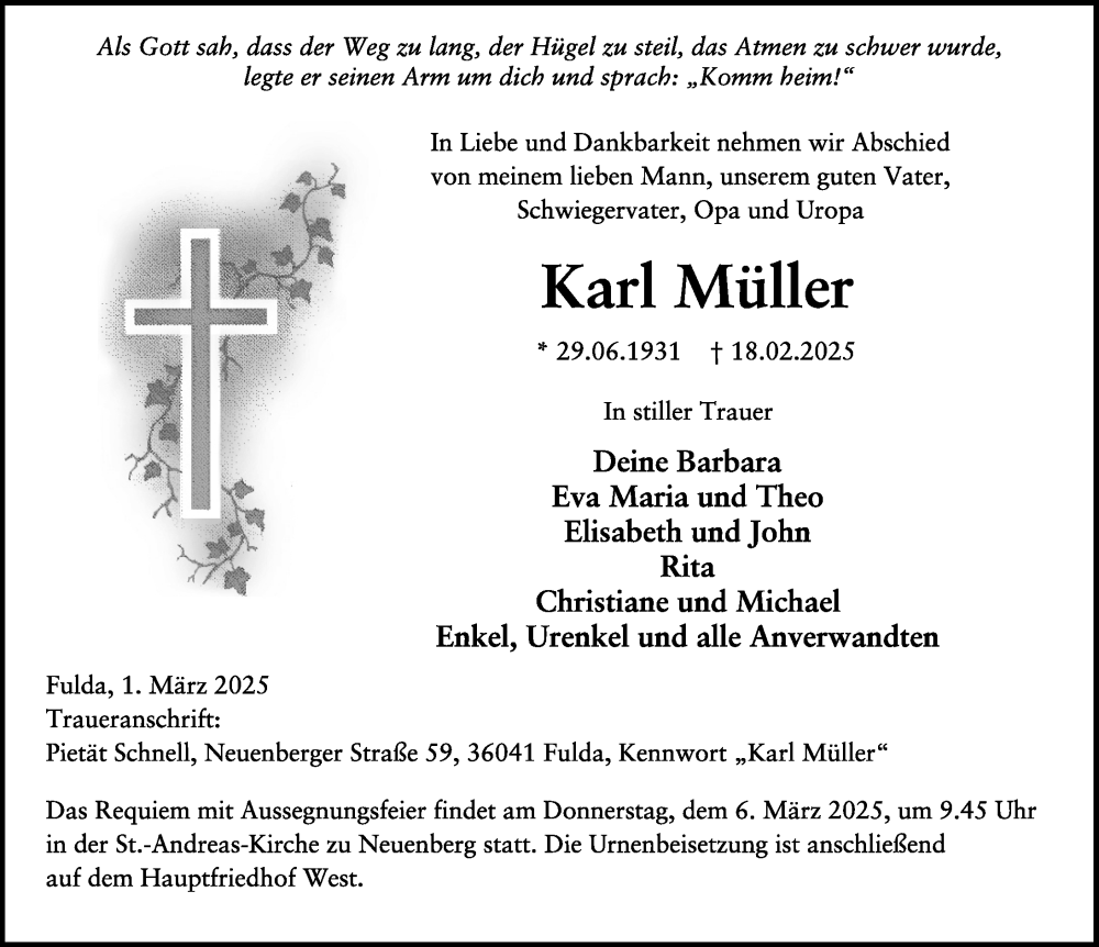  Traueranzeige für Karl Müller vom 01.03.2025 aus FZ
