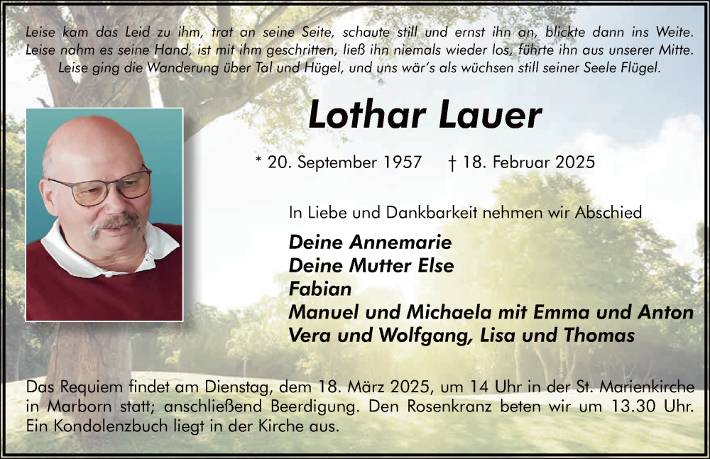  Traueranzeige für Lothar Lauer vom 08.03.2025 aus FZ