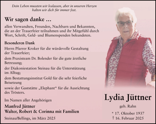 Traueranzeige von Lydia Jüttner von FZ