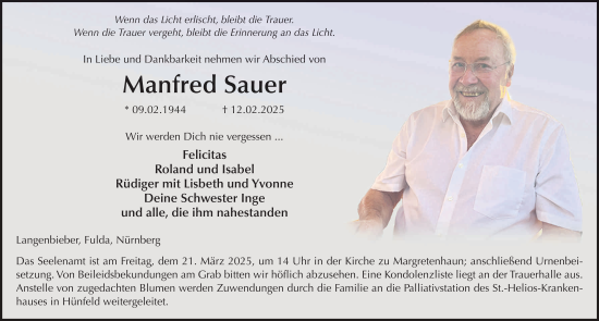 Traueranzeige von Manfred Sauer von FZ