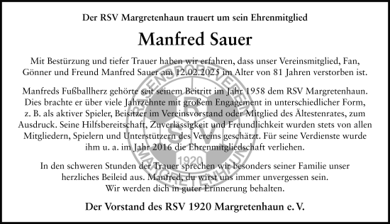 Traueranzeige von Manfred Sauer von FZ