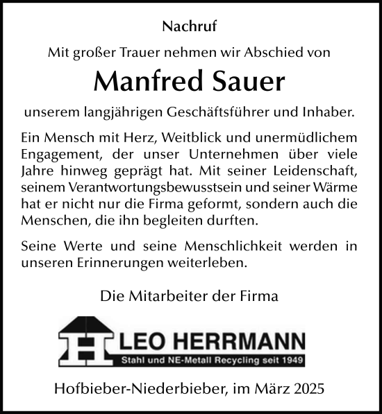 Traueranzeige von Manfred Sauer von FZ