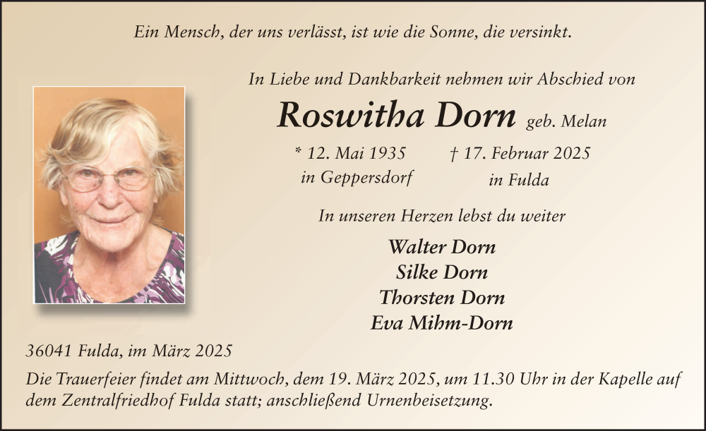  Traueranzeige für Roswitha Dorn vom 15.03.2025 aus FZ