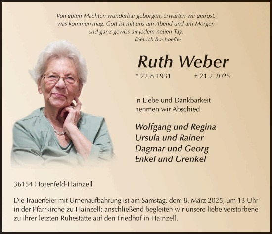 Traueranzeige von Ruth Weber von FZ