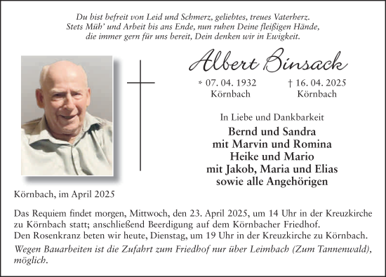Traueranzeige von Albert Binsack von FZ
