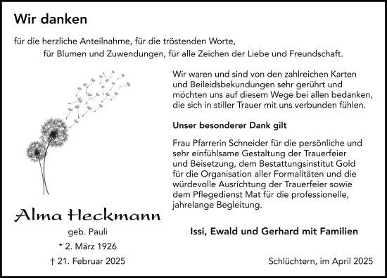Traueranzeige von Alma Heckmann von FZ