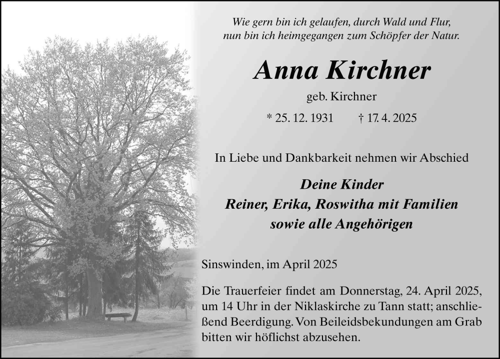  Traueranzeige für Anna Kirchner vom 22.04.2025 aus FZ
