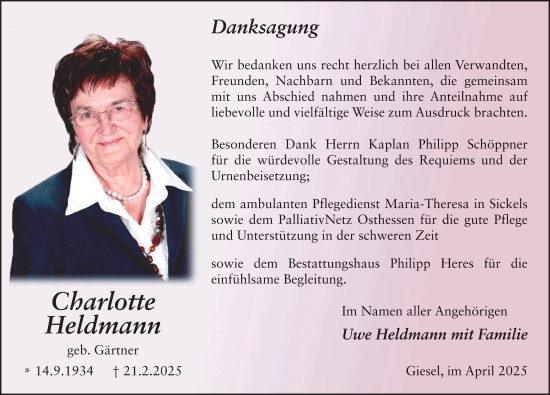 Traueranzeige von Charlotte Heldmann von FZ