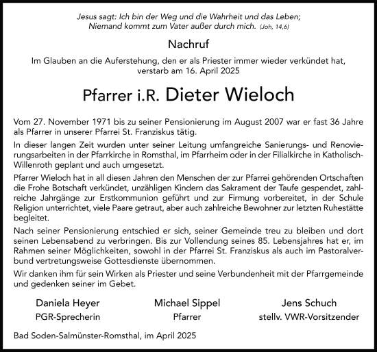 Traueranzeige von Dieter Wieloch von FZ