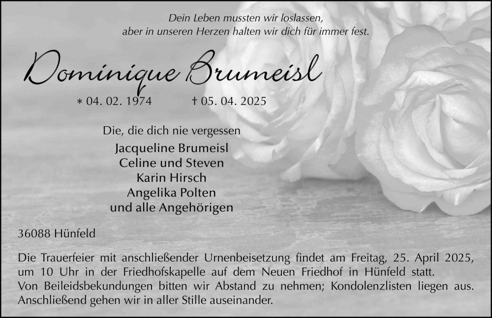 Traueranzeige für Dominique Brumeisl vom 17.04.2025 aus FZ