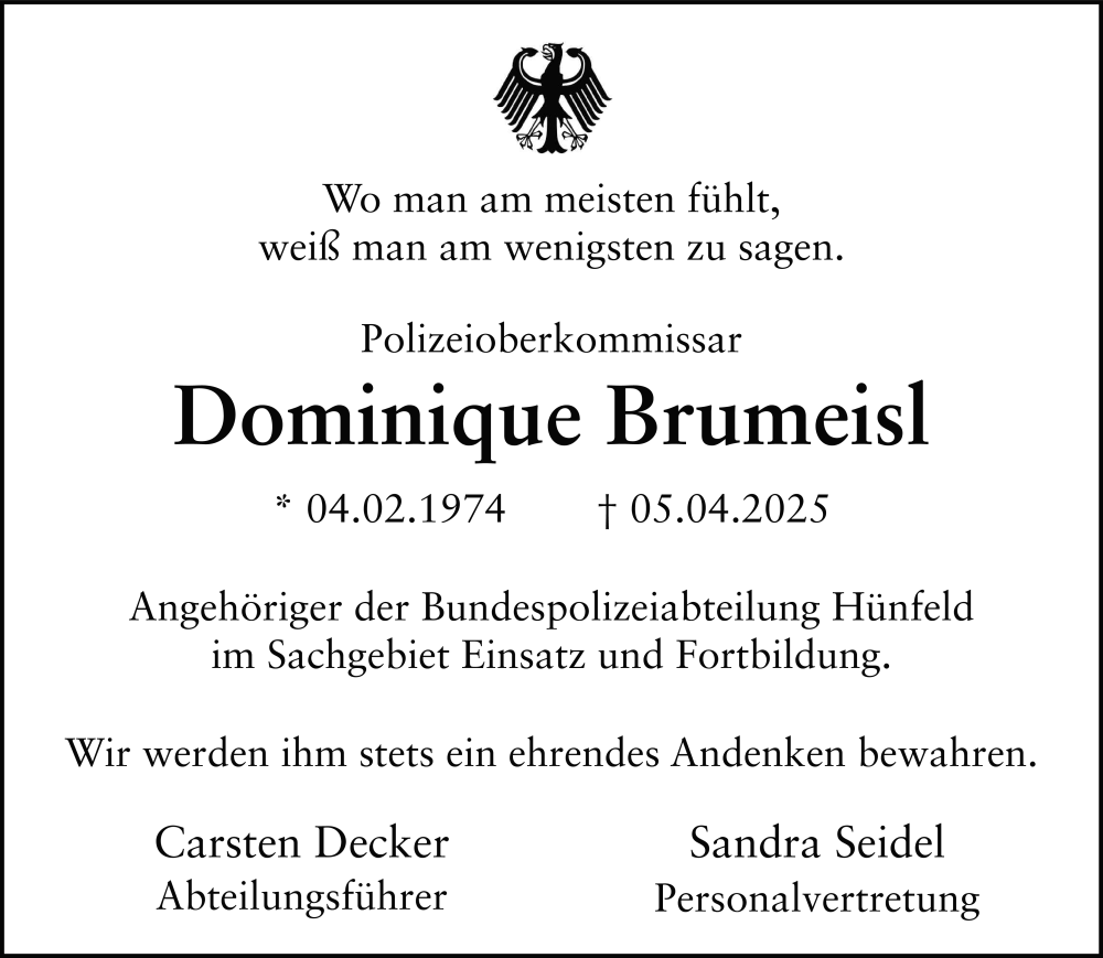  Traueranzeige für Dominique Brumeisl vom 17.04.2025 aus FZ