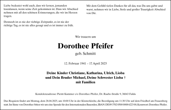 Traueranzeige von Dorothee Pfeifer von FZ