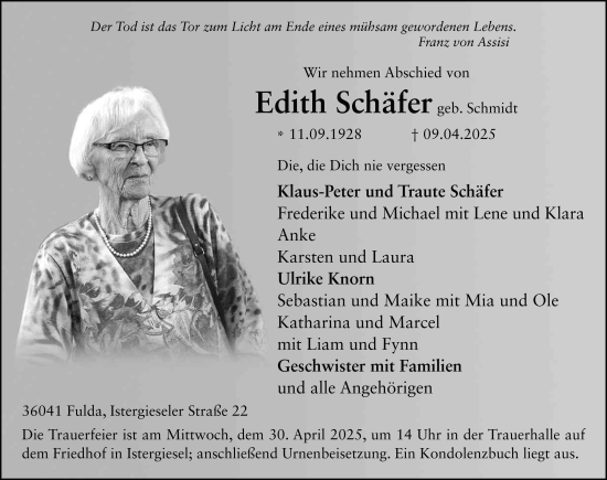Traueranzeige von Edith Schäfer von FZ