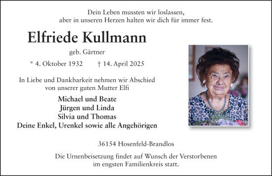 Traueranzeige von Elfriede Kullmann von FZ