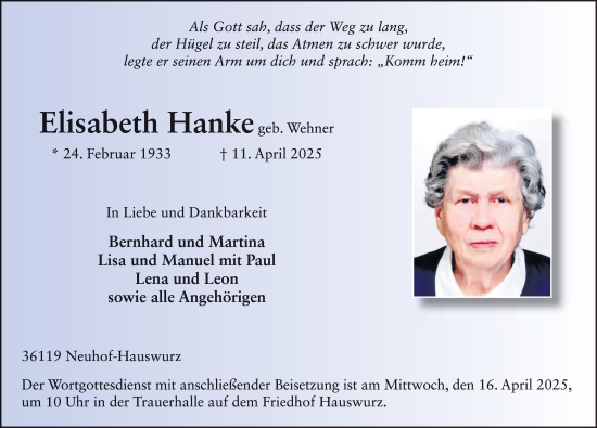 Traueranzeige von Elisabeth Hanke von FZ