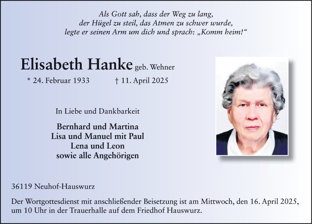  Traueranzeige für Elisabeth Hanke vom 15.04.2025 aus FZ
