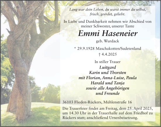 Traueranzeige von Emmi Haseneier von FZ