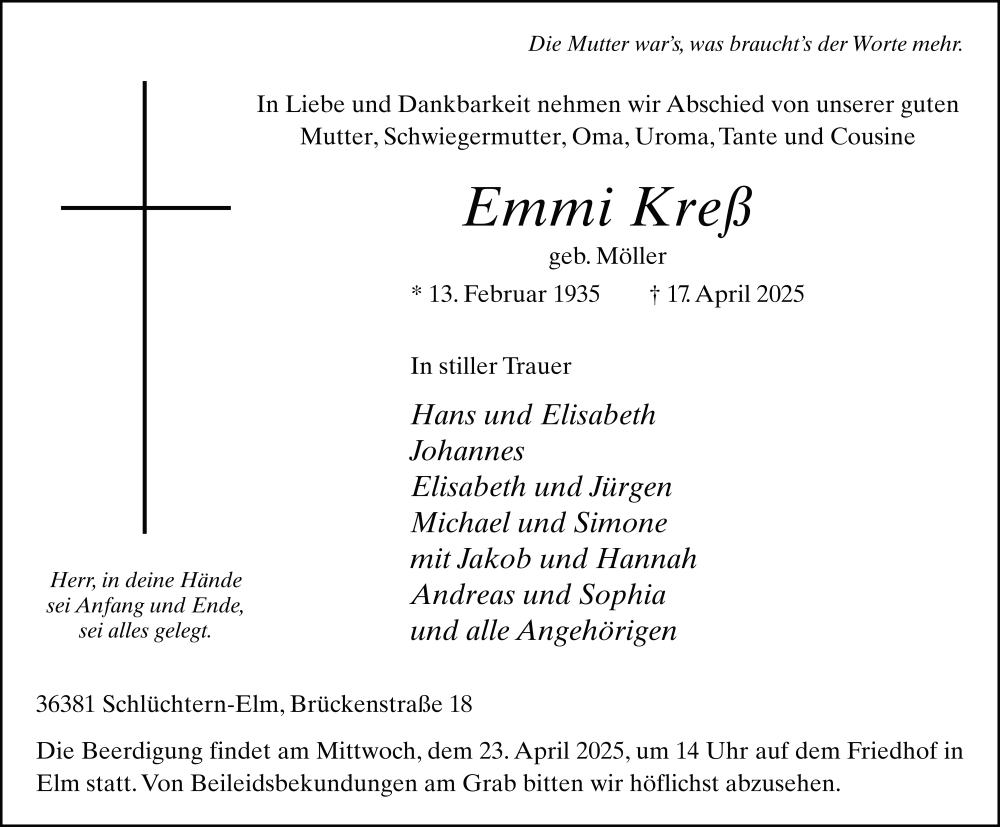  Traueranzeige für Emmi Kreß vom 22.04.2025 aus FZ