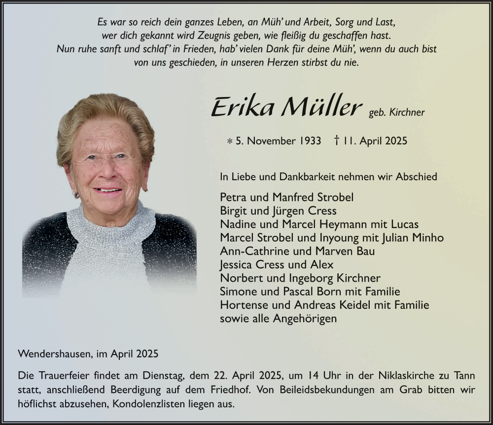  Traueranzeige für Erika Müller vom 17.04.2025 aus FZ