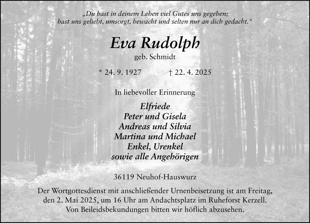  Traueranzeige für Eva Rudolph vom 29.04.2025 aus FZ