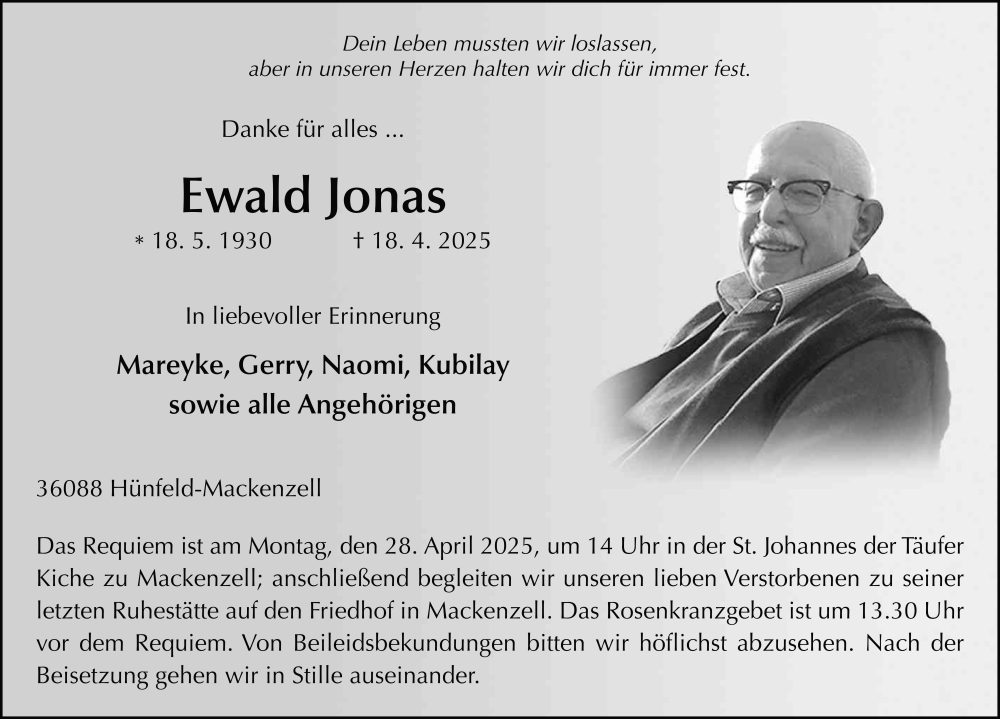  Traueranzeige für Ewald Jonas vom 25.04.2025 aus FZ