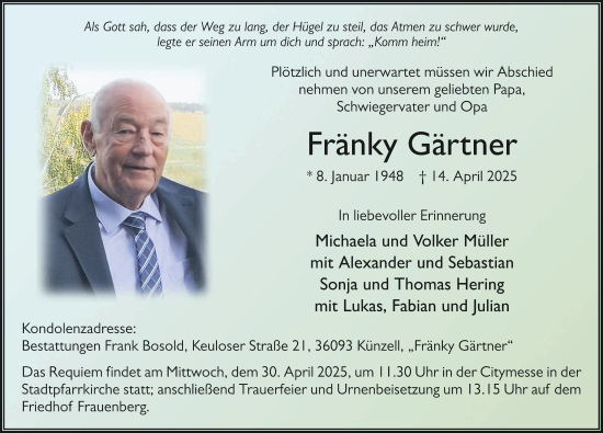Traueranzeige von Frank Gärtner von FZ