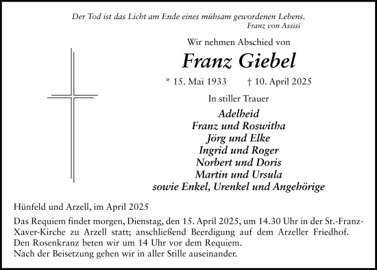 Traueranzeige von Franz Giebel von FZ