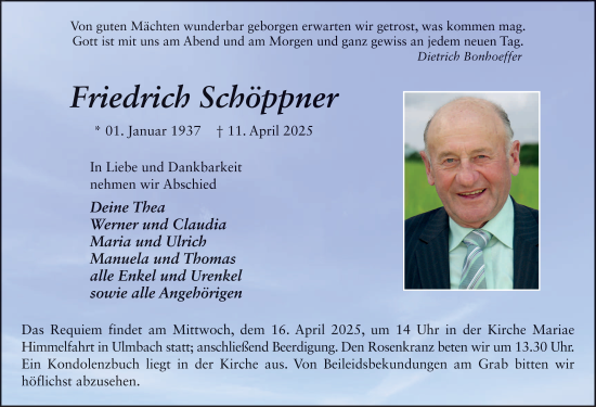 Traueranzeige von Friedrich Schöppner von FZ