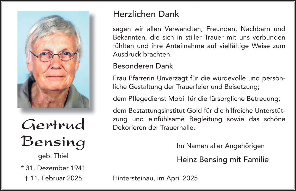  Traueranzeige für Gertrud Bensing vom 19.04.2025 aus FZ
