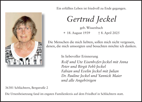Traueranzeige von Gertrud Jeckel von FZ