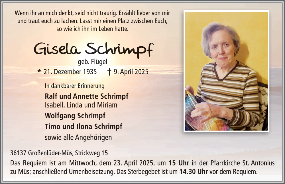  Traueranzeige für Gisela Schrimpf vom 19.04.2025 aus FZ