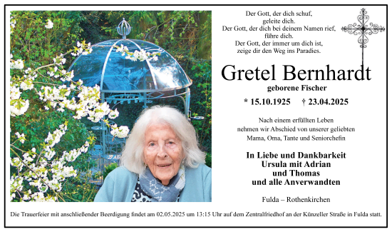Traueranzeige von Gretel Bernhardt von FZ