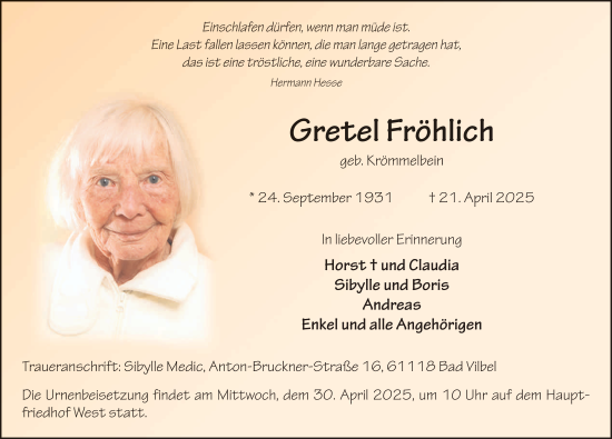 Traueranzeige von Gretel Fröhlich von FZ