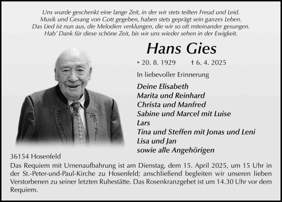 Traueranzeige von Hans Gies von FZ