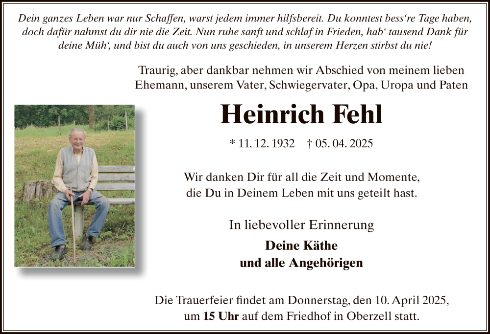  Traueranzeige für Heinrich Fehl vom 09.04.2025 aus FZ